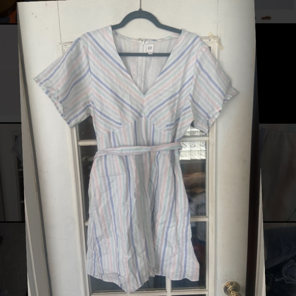 GAP Pastel Striped Mini Dress - White with Blue, Pink, Green Stripes